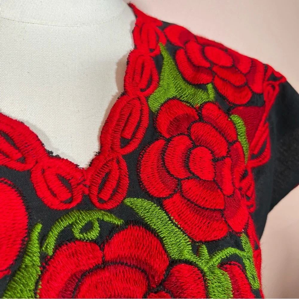 Vintage Bohemian Handmade Mexican Embroidered Red Floral Black Tunic Blouse - Picture 13 of 17
